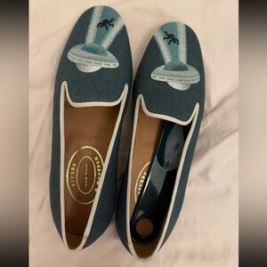 Stubbs & Wootton Teal UFO Embroidered Slippers